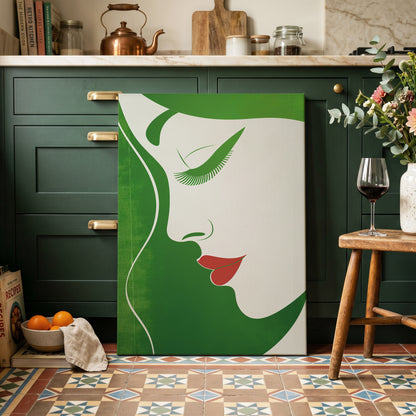 Verdant Profile, green, white, red minimalist wall art on canvas displayed in a styled interior, gallery view 2