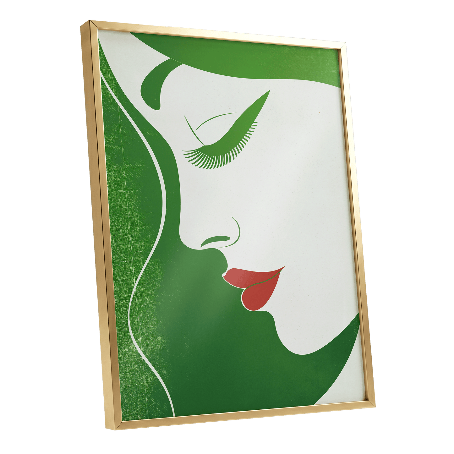 Verdant Profile, green, white, red minimalist wall art shown as a gold framed poster wall art print
