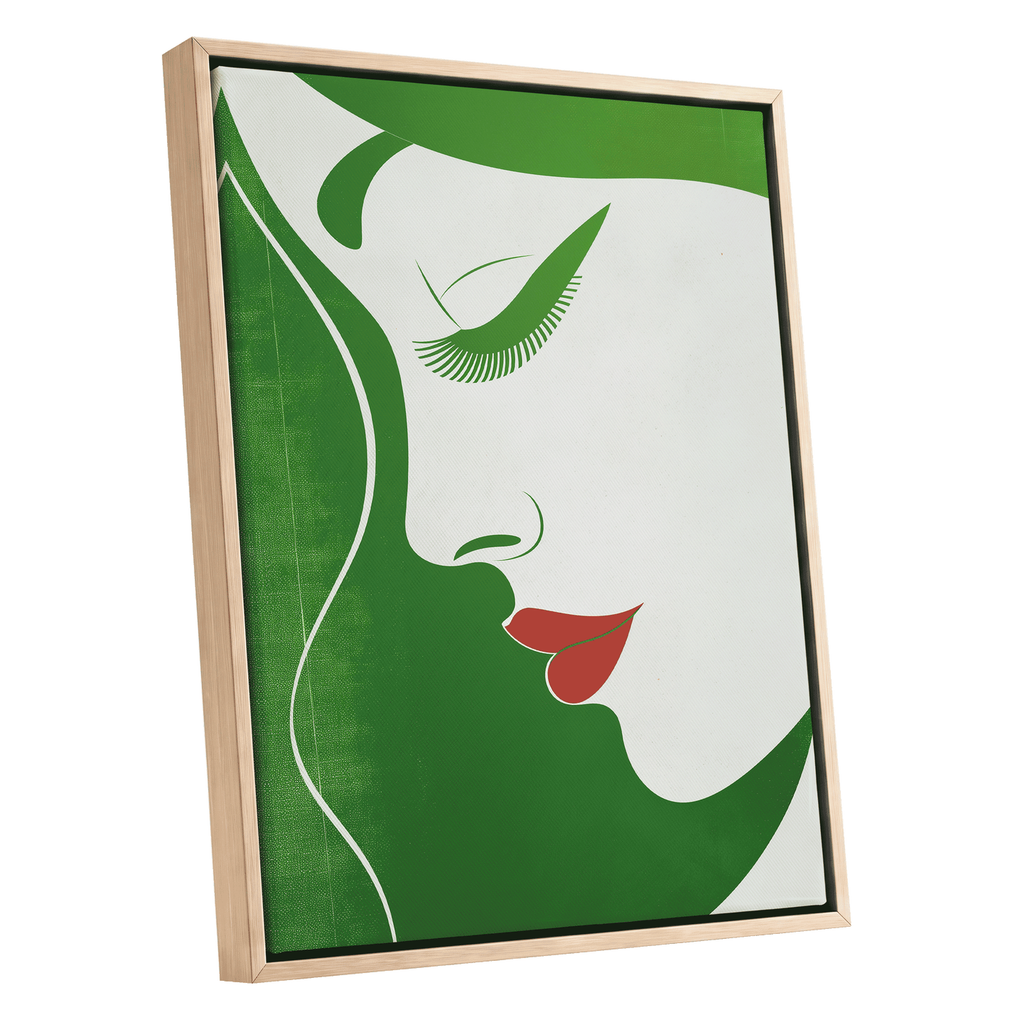 Verdant Profile, green, white, red minimalist wall art shown as a oak framed canvas wall art