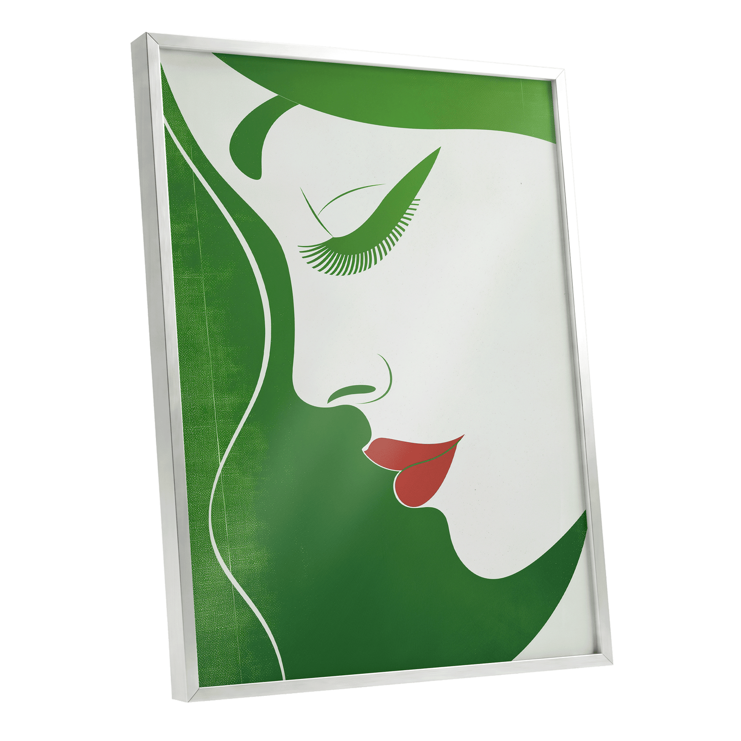 Verdant Profile, green, white, red minimalist wall art shown as a silver framed poster wall art print