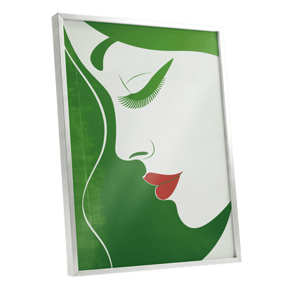 Verdant Profile, green, white, red minimalist wall art shown as a silver framed poster wall art print