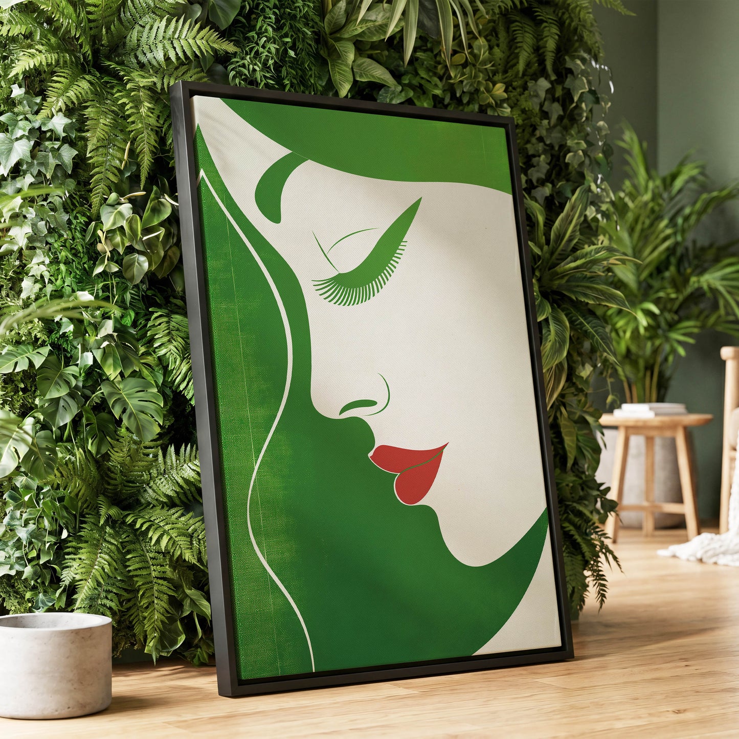 Verdant Profile, green, white, red minimalist wall art displayed in a styled interior, gallery view 1