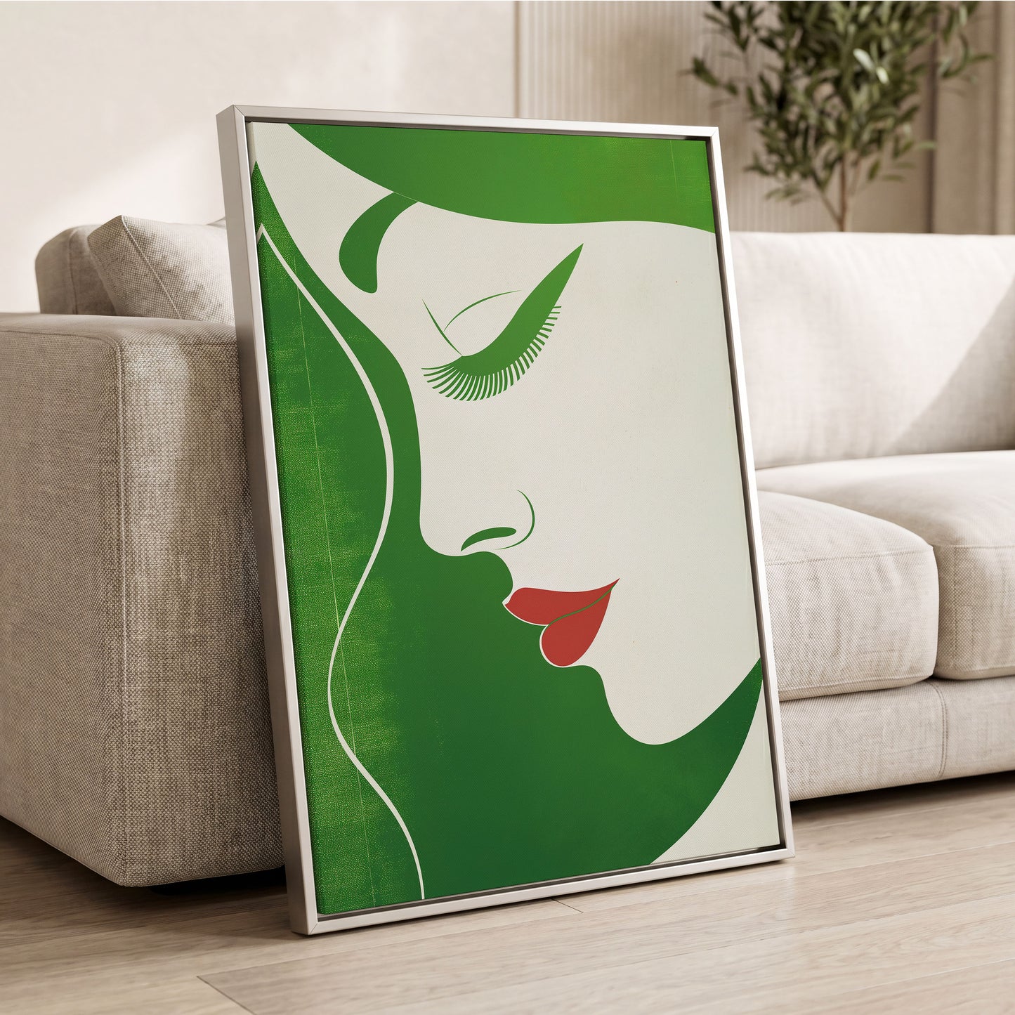 Verdant Profile, green, white, red minimalist wall art displayed in a styled interior, gallery view 2