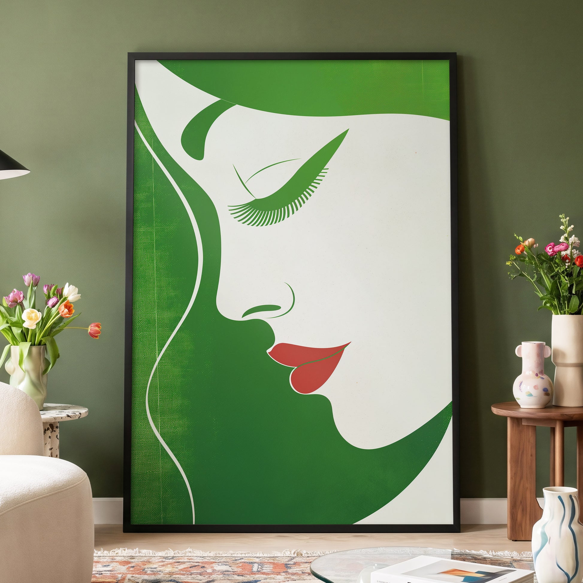 Verdant Profile, green, white, red minimalist wall art displayed in a styled interior, gallery view 4