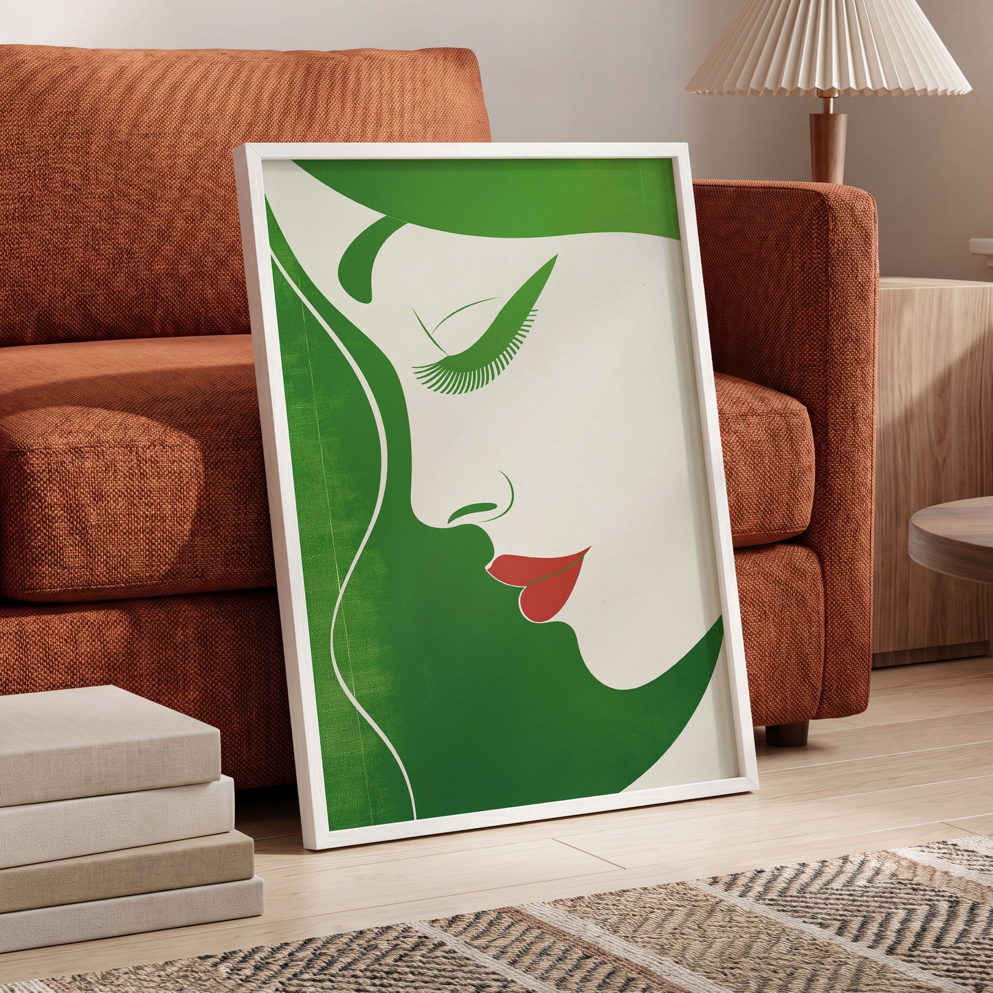 Verdant Profile, green, white, red minimalist wall art displayed in a styled interior, gallery view 6