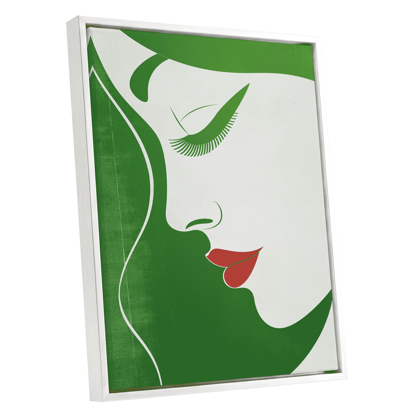 Verdant Profile, green, white, red minimalist wall art shown as a white framed canvas wall art