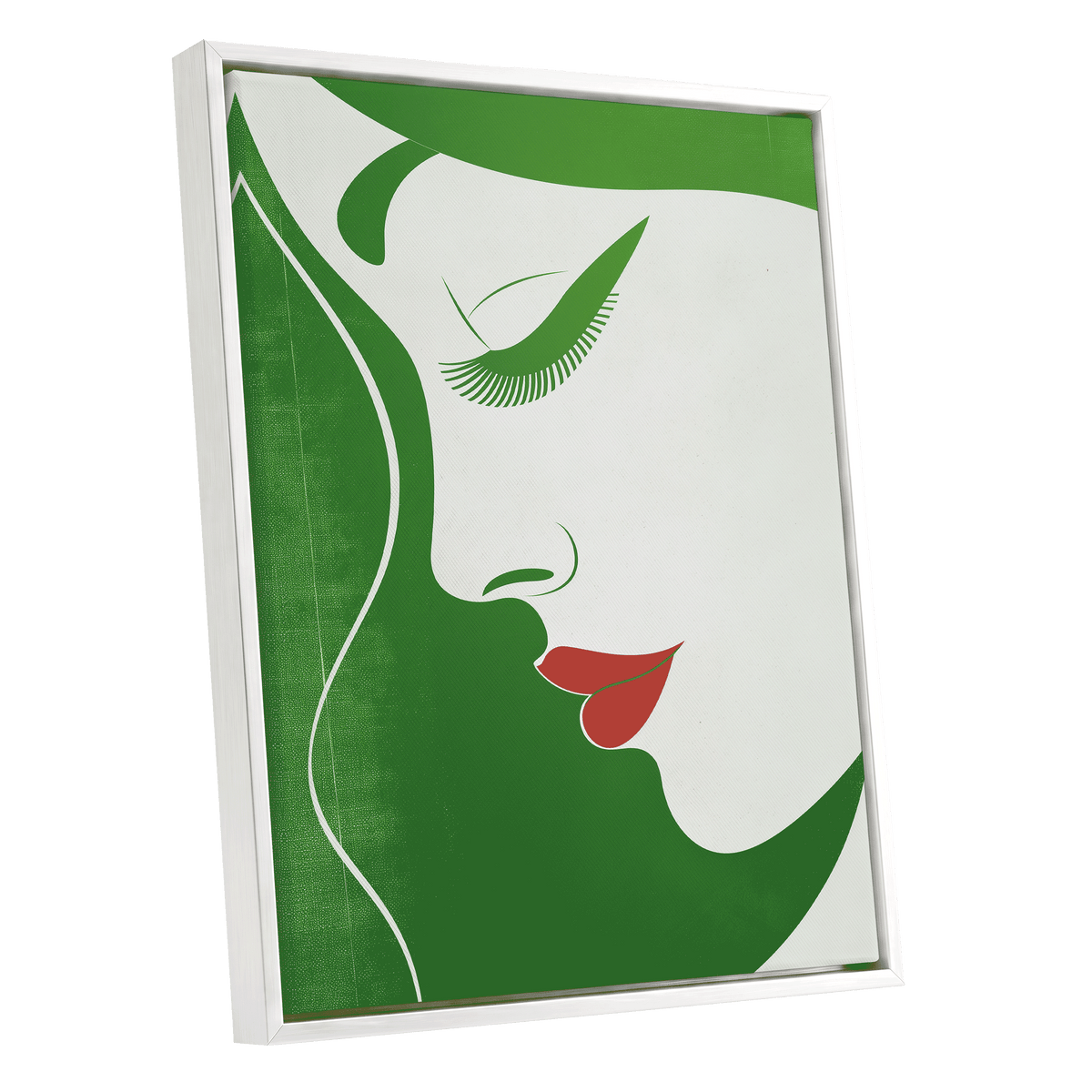 Verdant Profile, green, white, red minimalist wall art shown as a white framed canvas wall art