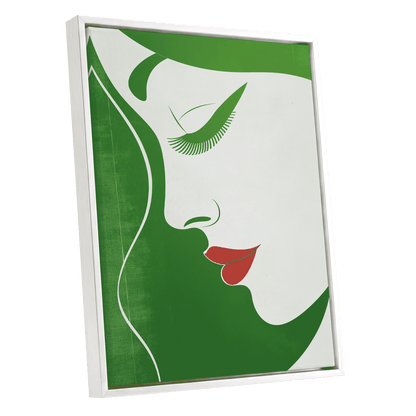 Verdant Profile, green, white, red minimalist wall art shown as a white framed canvas wall art