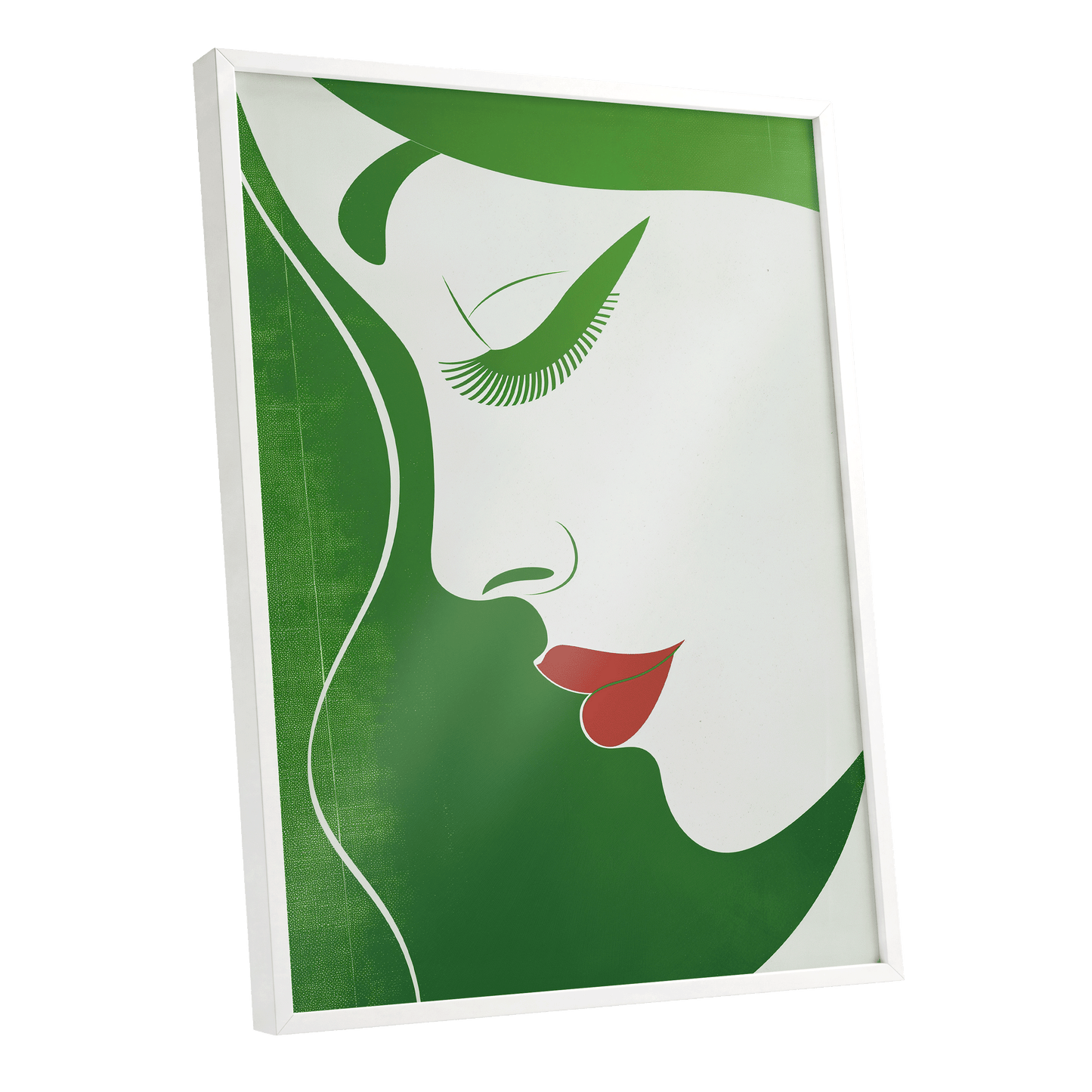 Verdant Profile, green, white, red minimalist wall art shown as a white framed poster wall art print