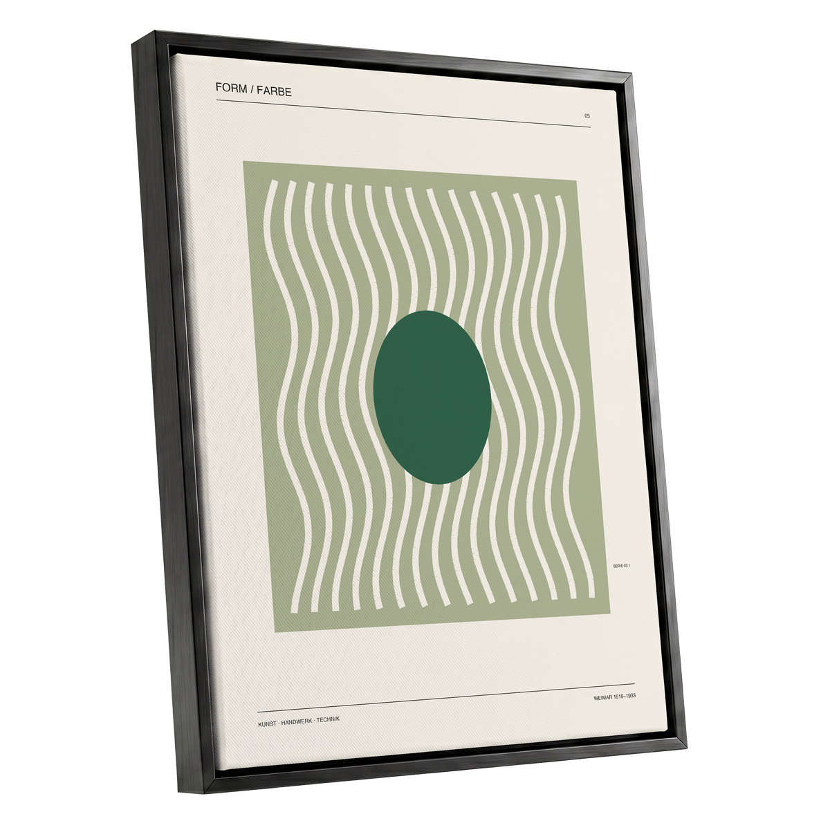 Verdant Rhythm, green, beige minimalist wall art shown as a black framed canvas wall art