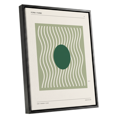 Verdant Rhythm, green, beige minimalist wall art shown as a black framed canvas wall art