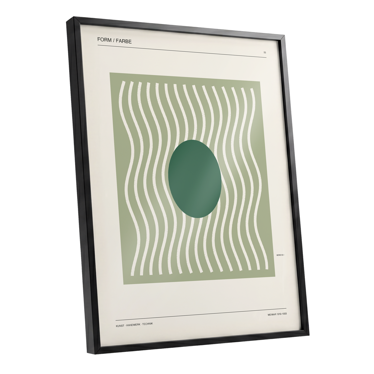 Verdant Rhythm, green, beige minimalist wall art shown as a black framed poster wall art print