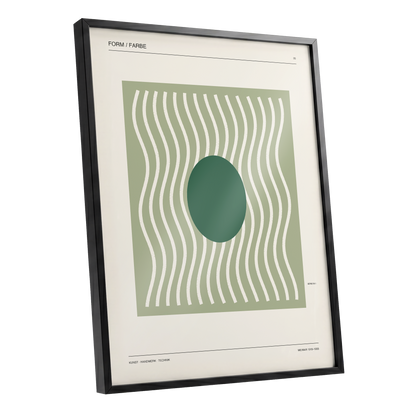 Verdant Rhythm, green, beige minimalist wall art shown as a black framed poster wall art print