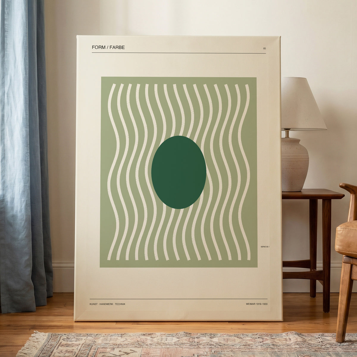 Verdant Rhythm, green, beige minimalist wall art on canvas displayed in a styled interior, gallery view 1