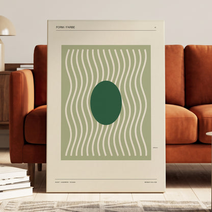 Verdant Rhythm, green, beige minimalist wall art on canvas displayed in a styled interior, gallery view 2