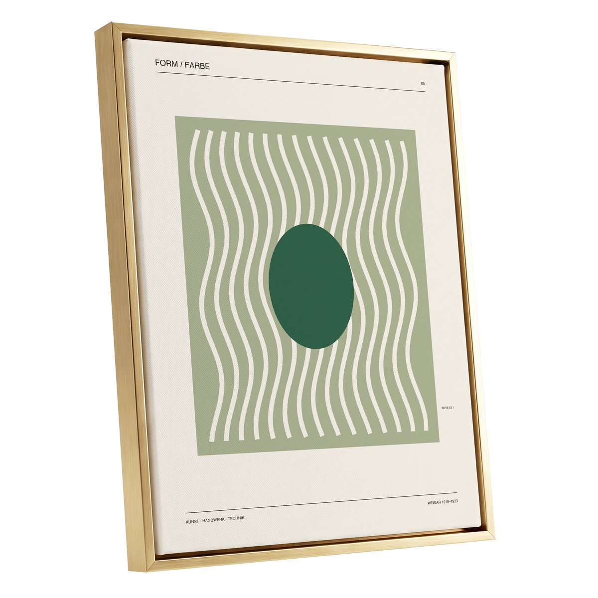 Verdant Rhythm, green, beige minimalist wall art shown as a gold framed canvas wall art