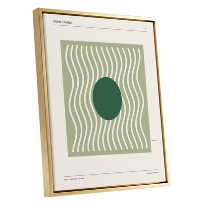 Verdant Rhythm, green, beige minimalist wall art shown as a gold framed canvas wall art