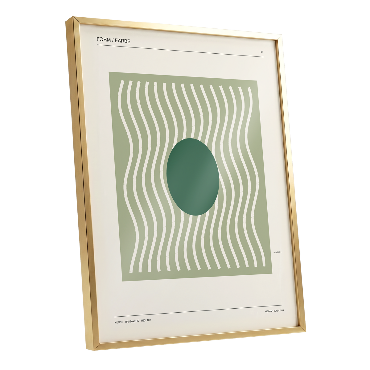 Verdant Rhythm, green, beige minimalist wall art shown as a gold framed poster wall art print