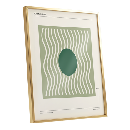 Verdant Rhythm, green, beige minimalist wall art shown as a gold framed poster wall art print