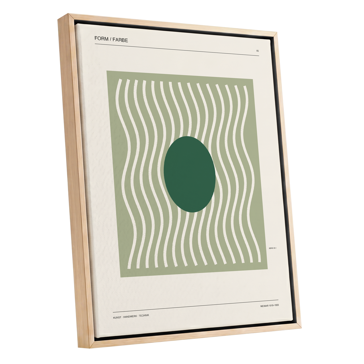 Verdant Rhythm, green, beige minimalist wall art shown as a oak framed canvas wall art