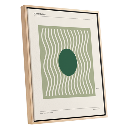 Verdant Rhythm, green, beige minimalist wall art shown as a oak framed canvas wall art