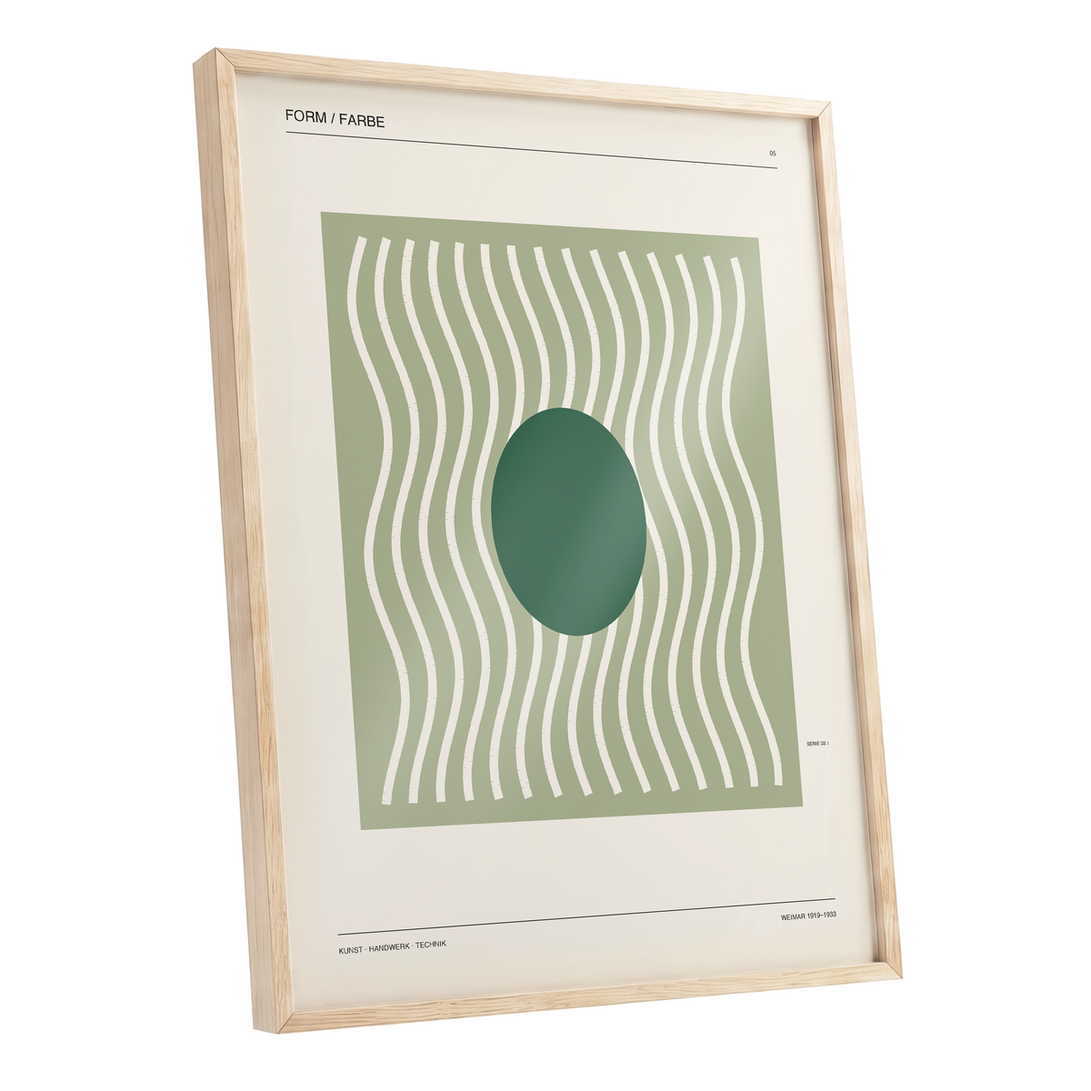 Verdant Rhythm, green, beige minimalist wall art shown as a oak framed poster wall art print