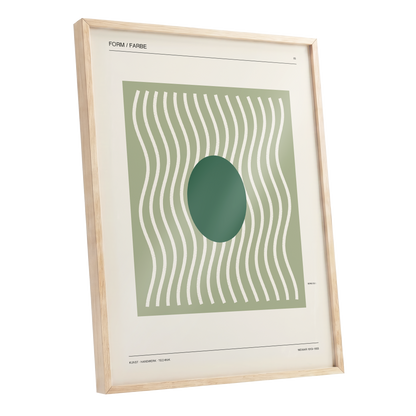 Verdant Rhythm, green, beige minimalist wall art shown as a oak framed poster wall art print