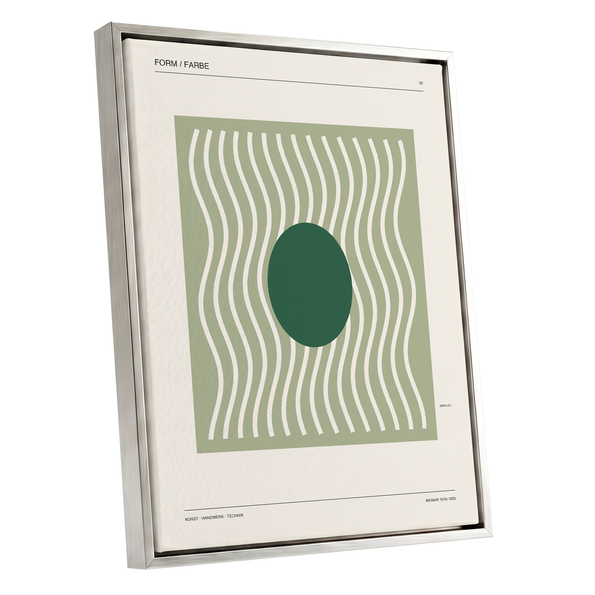 Verdant Rhythm, green, beige minimalist wall art shown as a silver framed canvas wall art