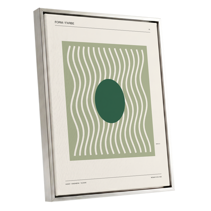 Verdant Rhythm, green, beige minimalist wall art shown as a silver framed canvas wall art