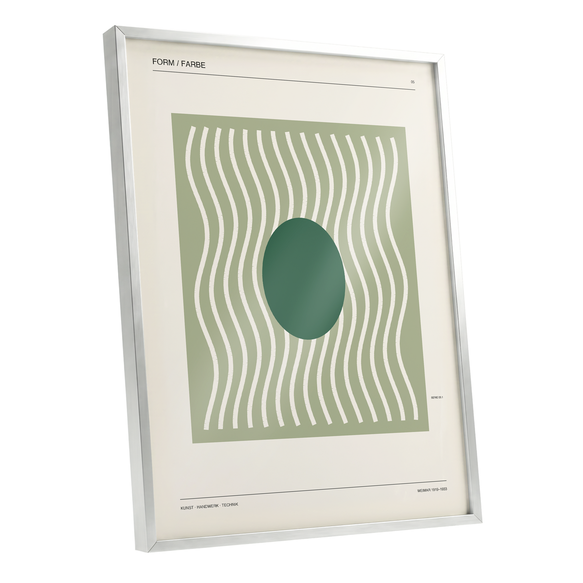 Verdant Rhythm, green, beige minimalist wall art shown as a silver framed poster wall art print