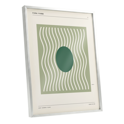 Verdant Rhythm, green, beige minimalist wall art shown as a silver framed poster wall art print