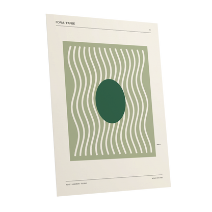 Verdant Rhythm, green, beige minimalist wall art shown as a unframed poster wall art print