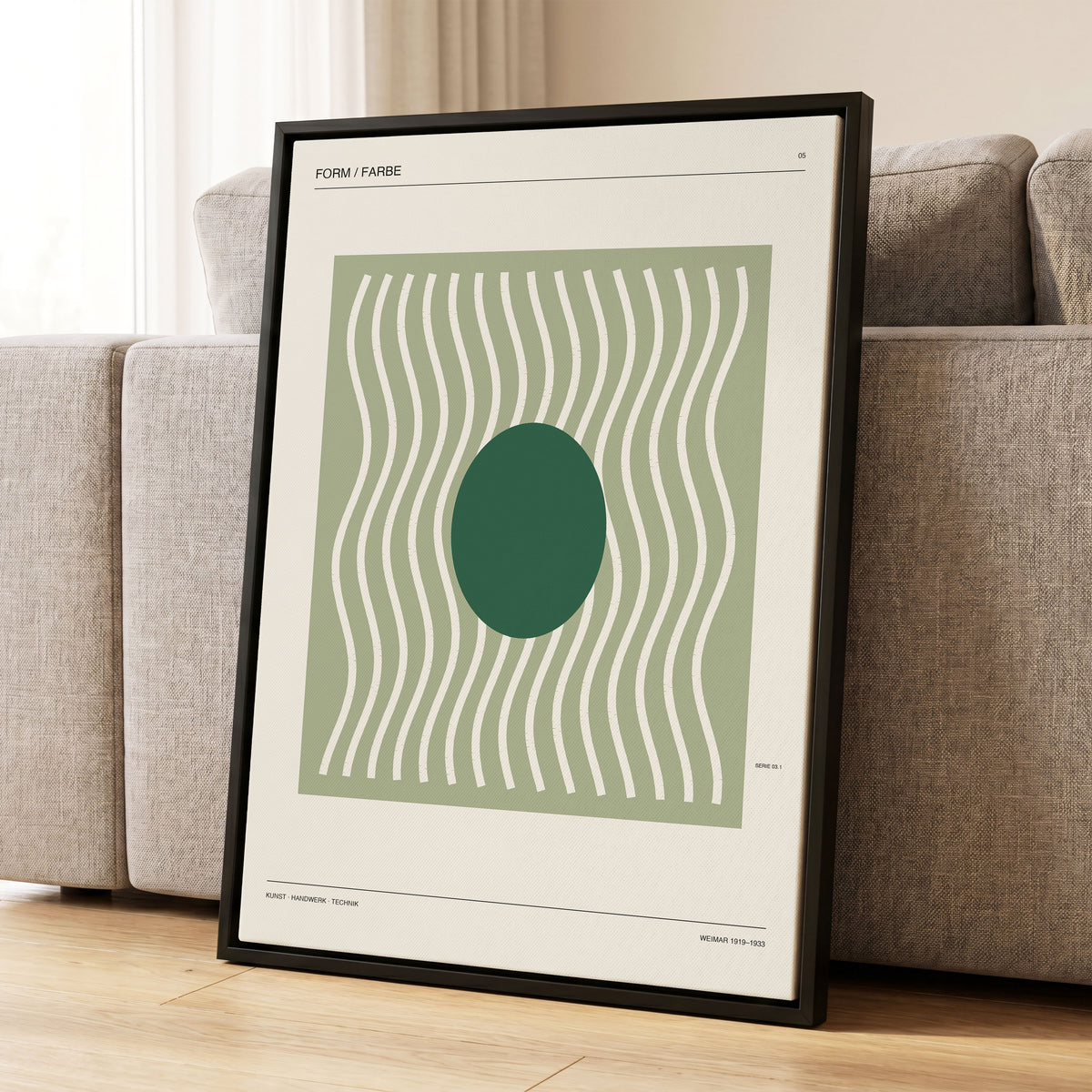 Verdant Rhythm, green, beige minimalist wall art displayed in a styled interior, gallery view 1