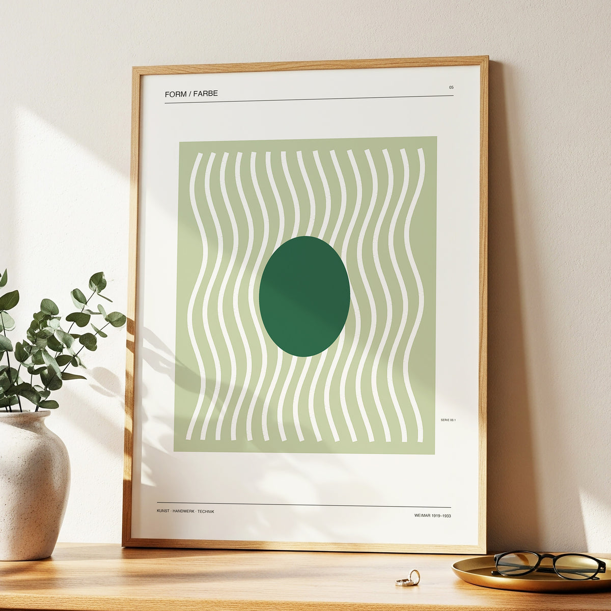 Verdant Rhythm, green, beige minimalist wall art displayed in a styled interior, gallery view 2