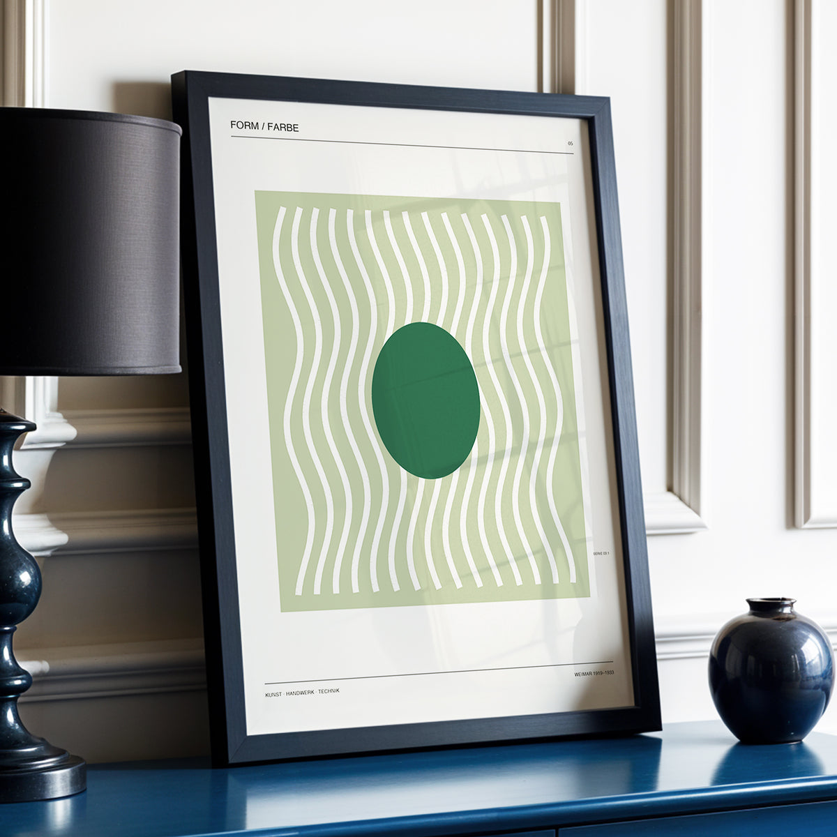 Verdant Rhythm, green, beige minimalist wall art displayed in a styled interior, gallery view 3