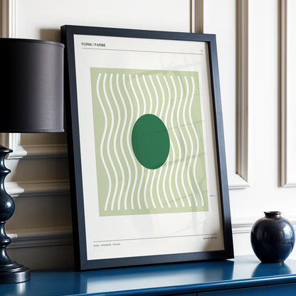 Verdant Rhythm, green, beige minimalist wall art displayed in a styled interior, gallery view 3
