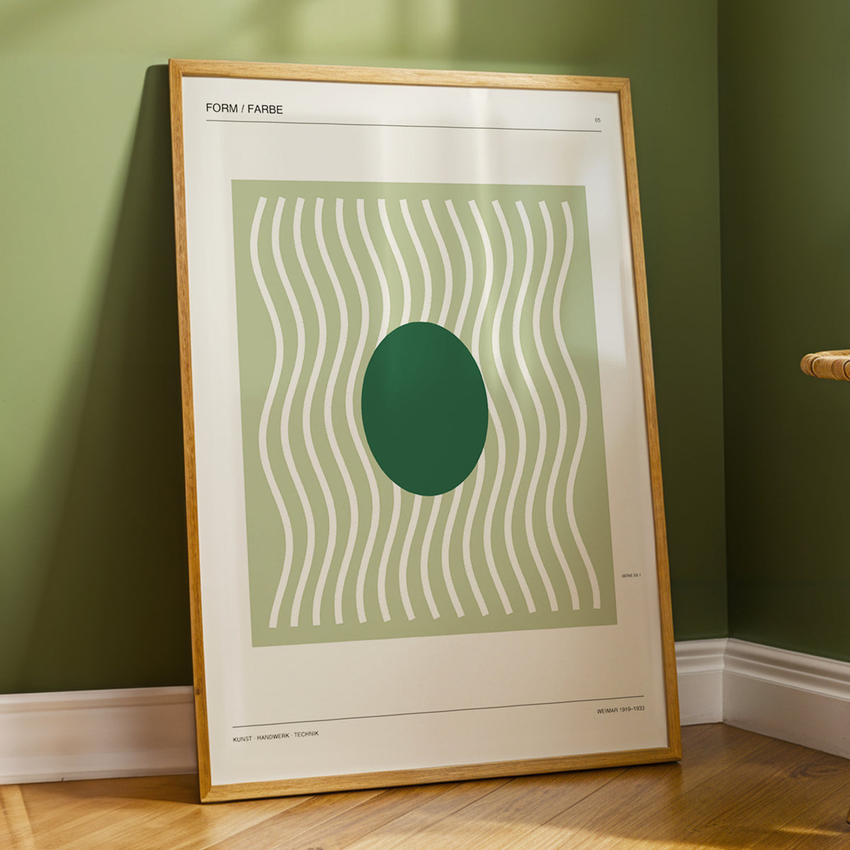 Verdant Rhythm, green, beige minimalist wall art displayed in a styled interior, gallery view 4