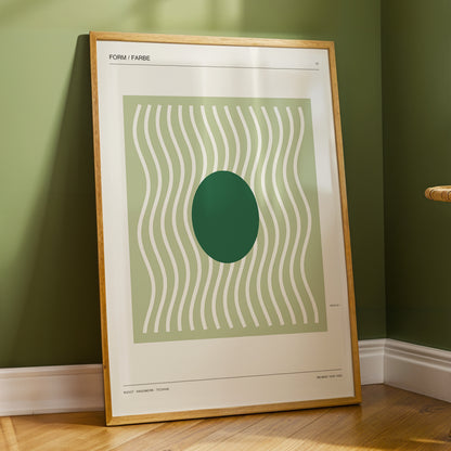 Verdant Rhythm, green, beige minimalist wall art displayed in a styled interior, gallery view 4