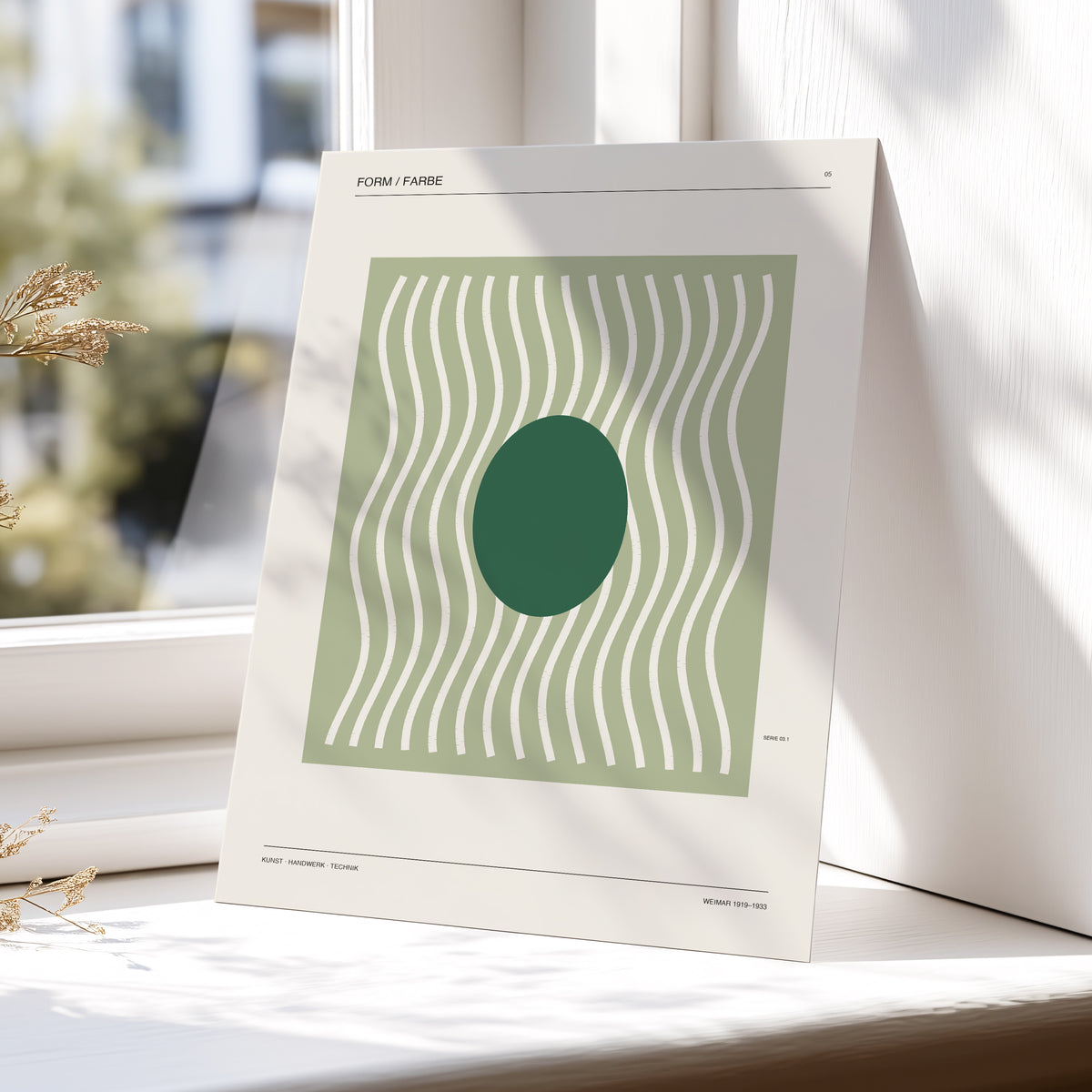 Verdant Rhythm, green, beige minimalist wall art displayed in a styled interior, gallery view 5