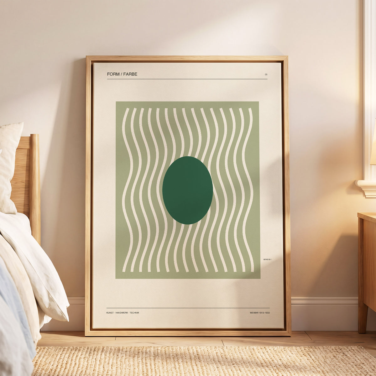 Verdant Rhythm, green, beige minimalist wall art displayed in a styled interior, gallery view 6