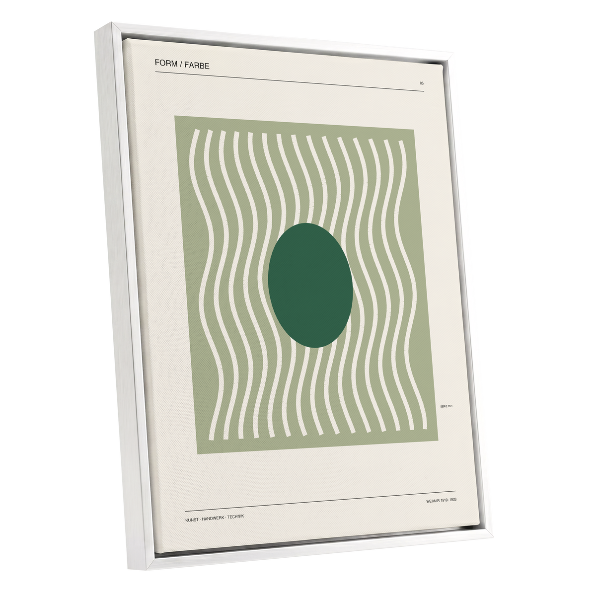 Verdant Rhythm, green, beige minimalist wall art shown as a white framed canvas wall art
