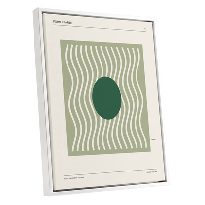 Verdant Rhythm, green, beige minimalist wall art shown as a white framed canvas wall art