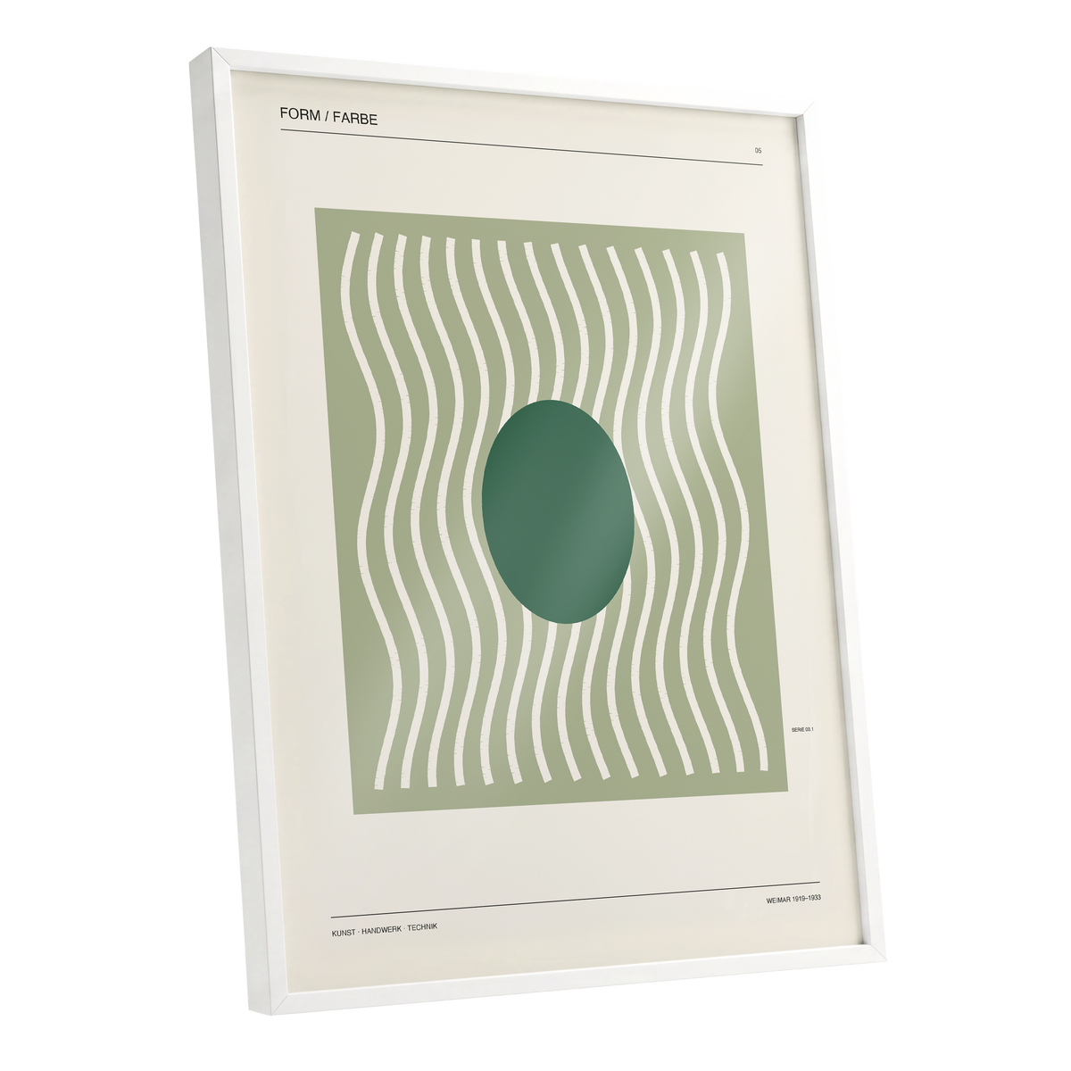Verdant Rhythm, green, beige minimalist wall art shown as a white framed poster wall art print