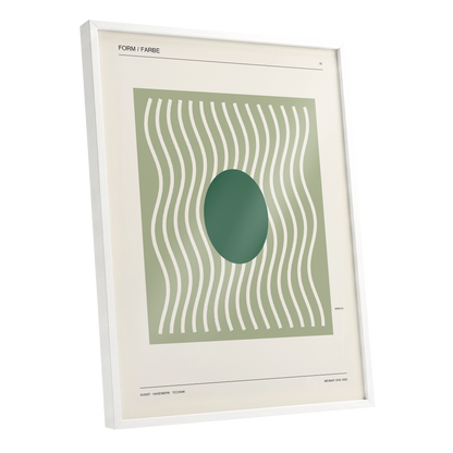Verdant Rhythm, green, beige minimalist wall art shown as a white framed poster wall art print