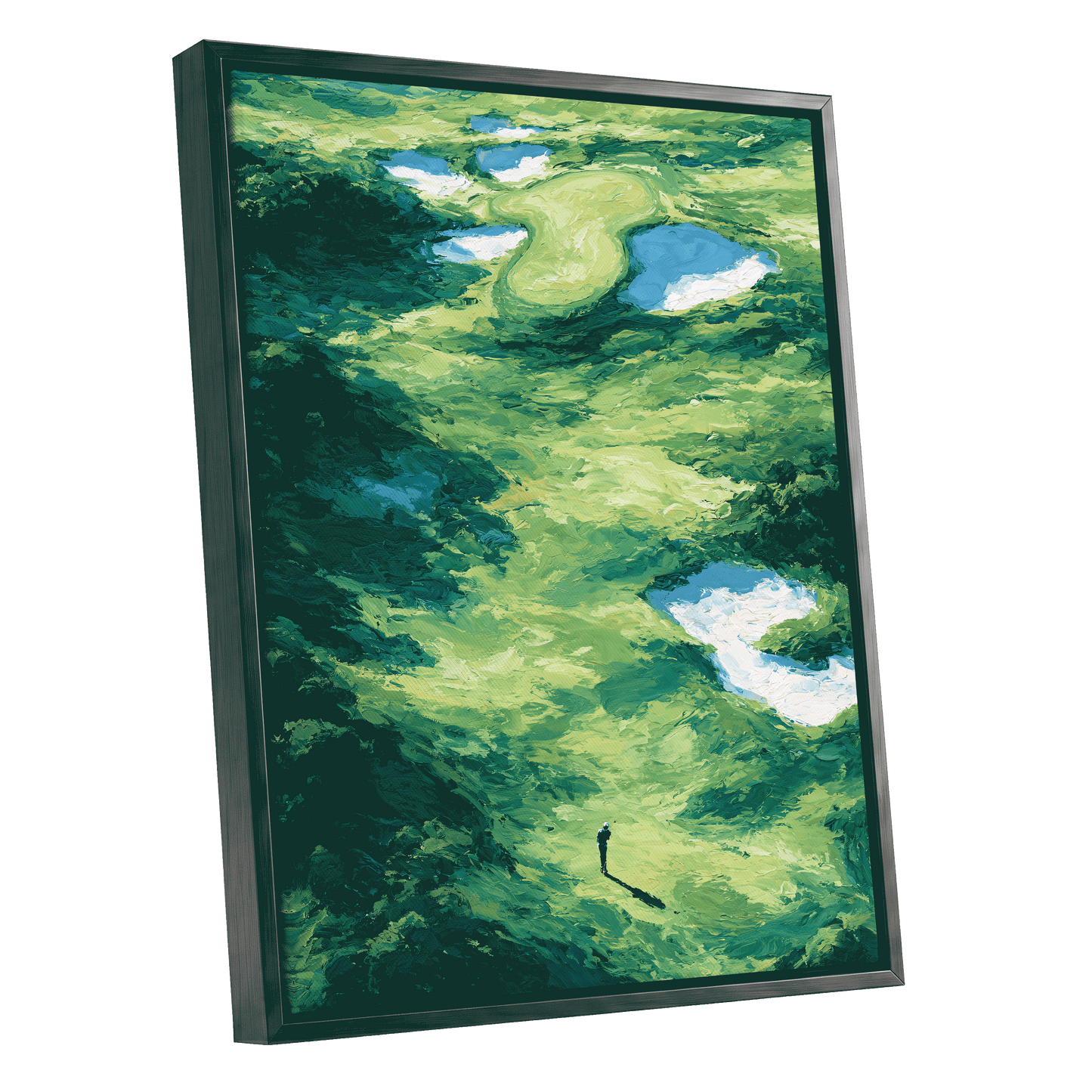 Verdant Solitude, green, blue, white nature wall art shown as a black framed canvas wall art