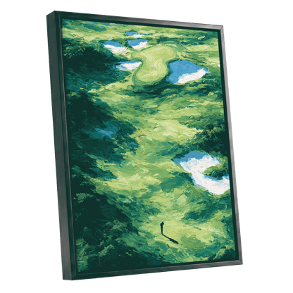 Verdant Solitude, green, blue, white nature wall art shown as a black framed canvas wall art