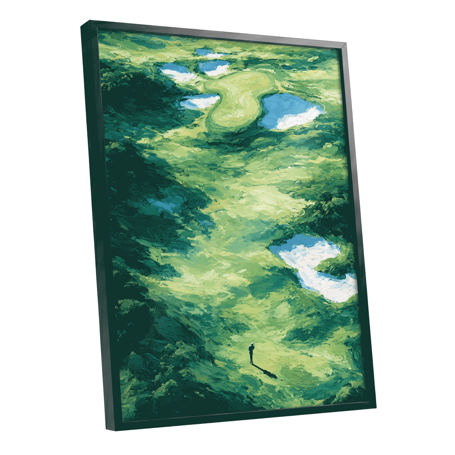 Verdant Solitude, green, blue, white nature wall art shown as a black framed poster wall art print