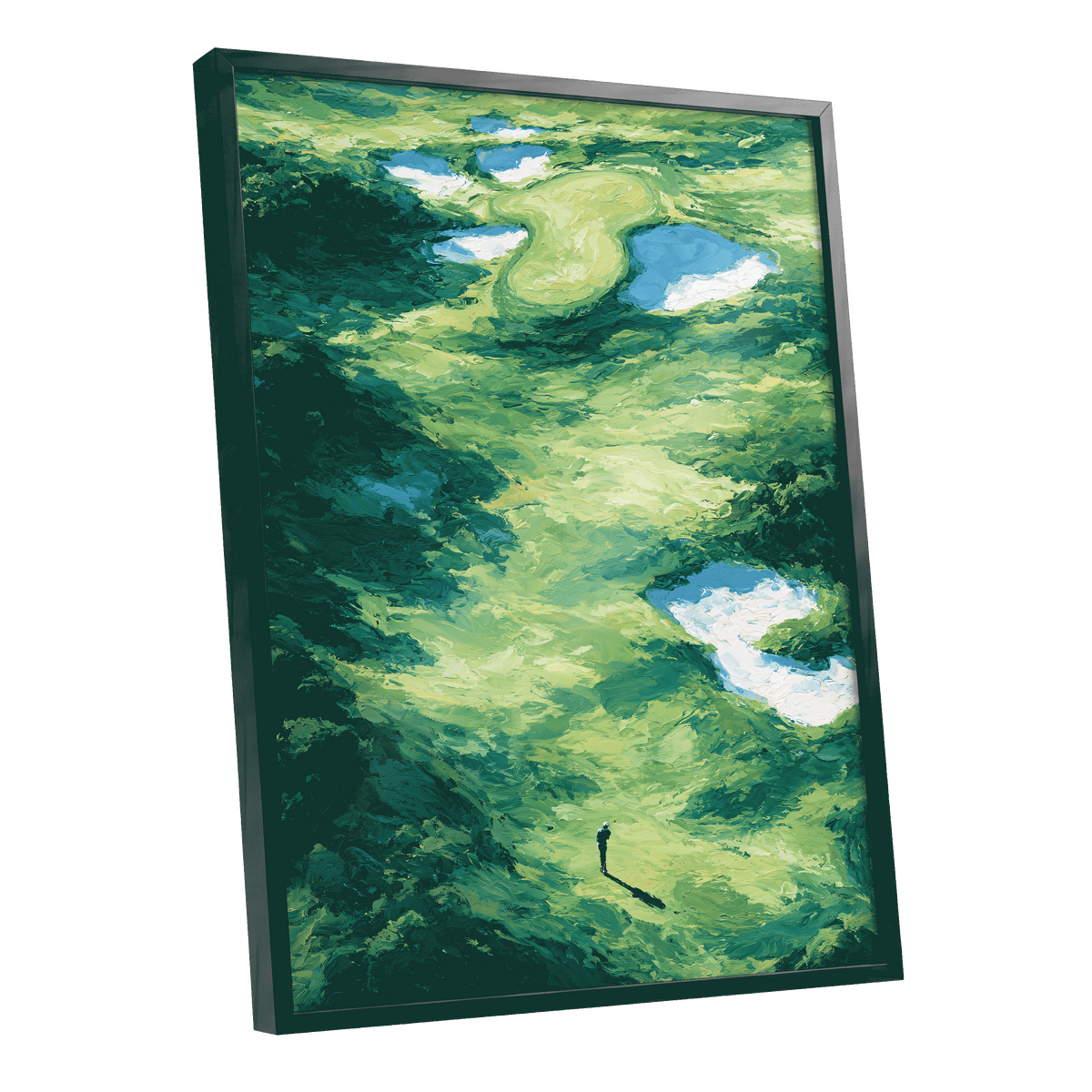 Verdant Solitude, green, blue, white nature wall art shown as a black framed poster wall art print