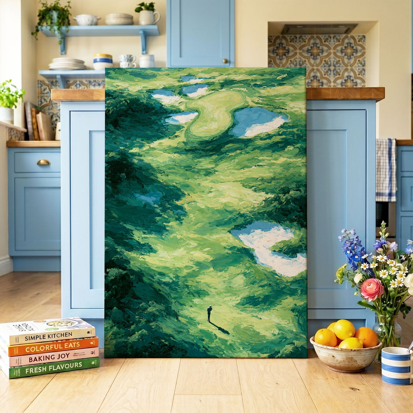 Verdant Solitude, green, blue, white nature wall art on canvas displayed in a styled interior, gallery view 1