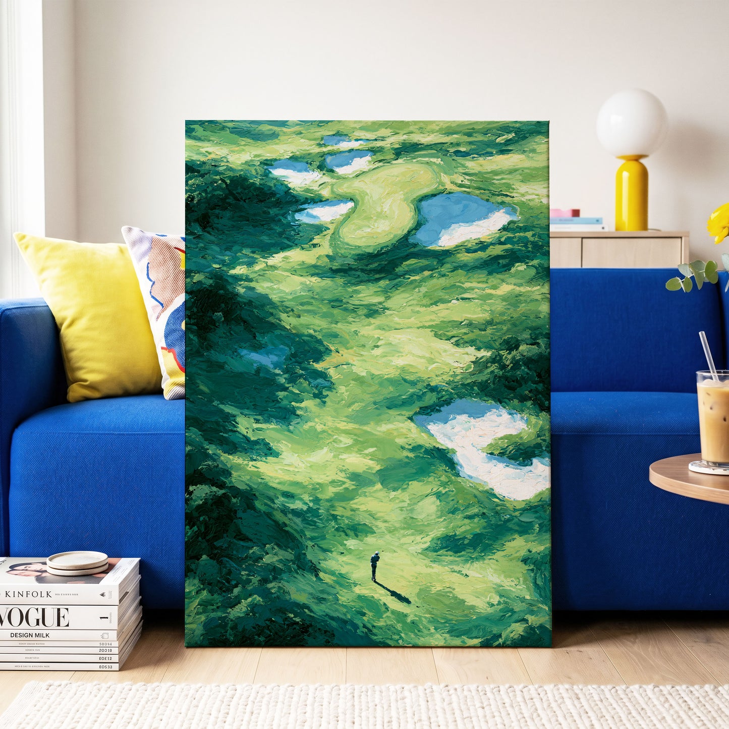 Verdant Solitude, green, blue, white nature wall art on canvas displayed in a styled interior, gallery view 2